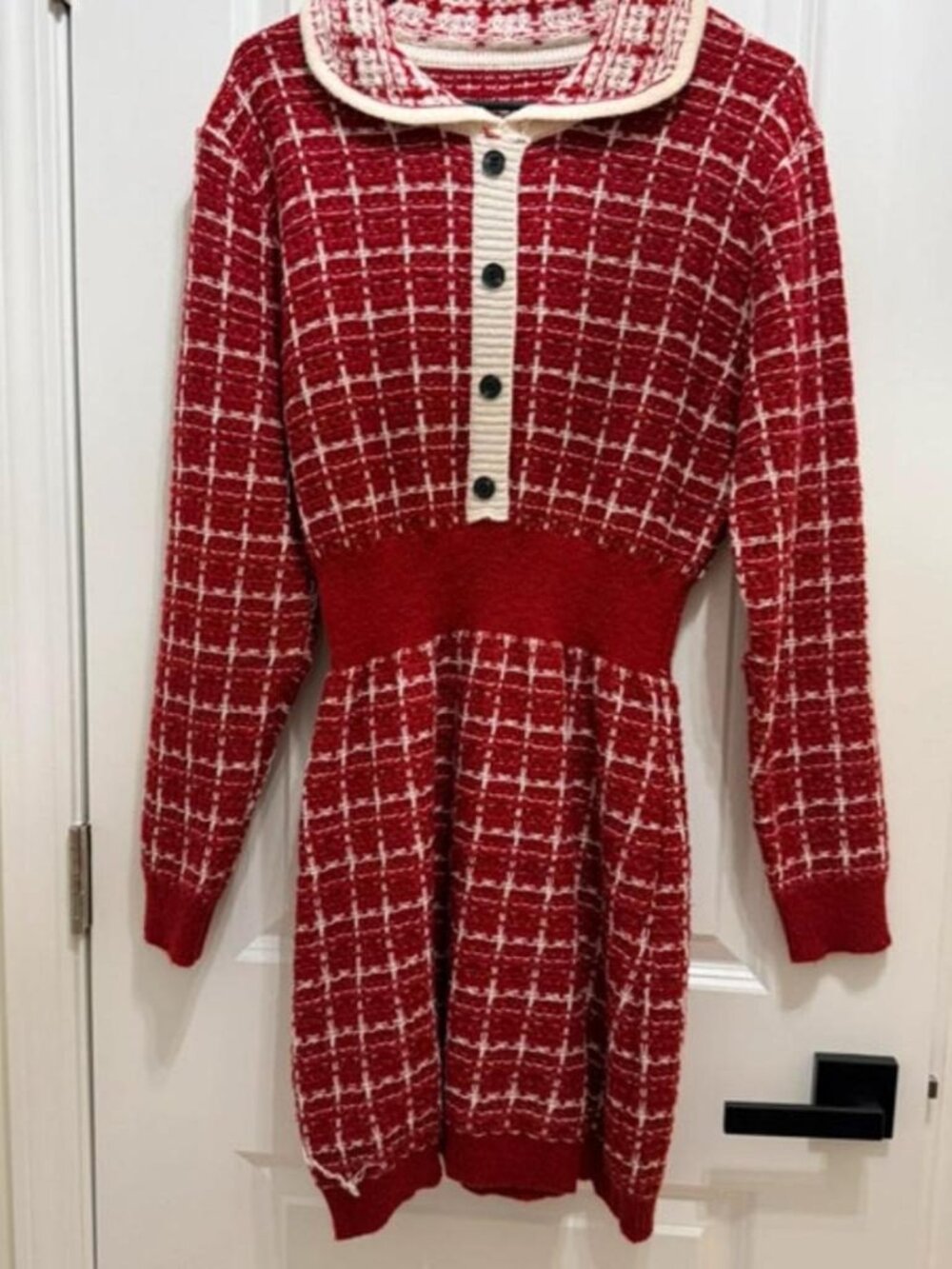 Red Tweed Knit Button-Front Sweater Dress size L